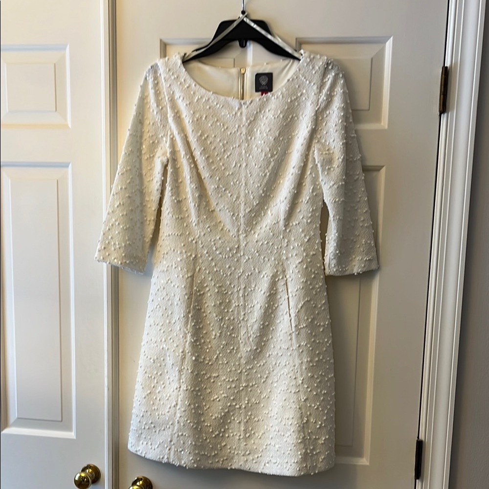 Vince Camuto White Knee-Length Sheath Dress with 3/4 Sleeves and Bateau Neckline